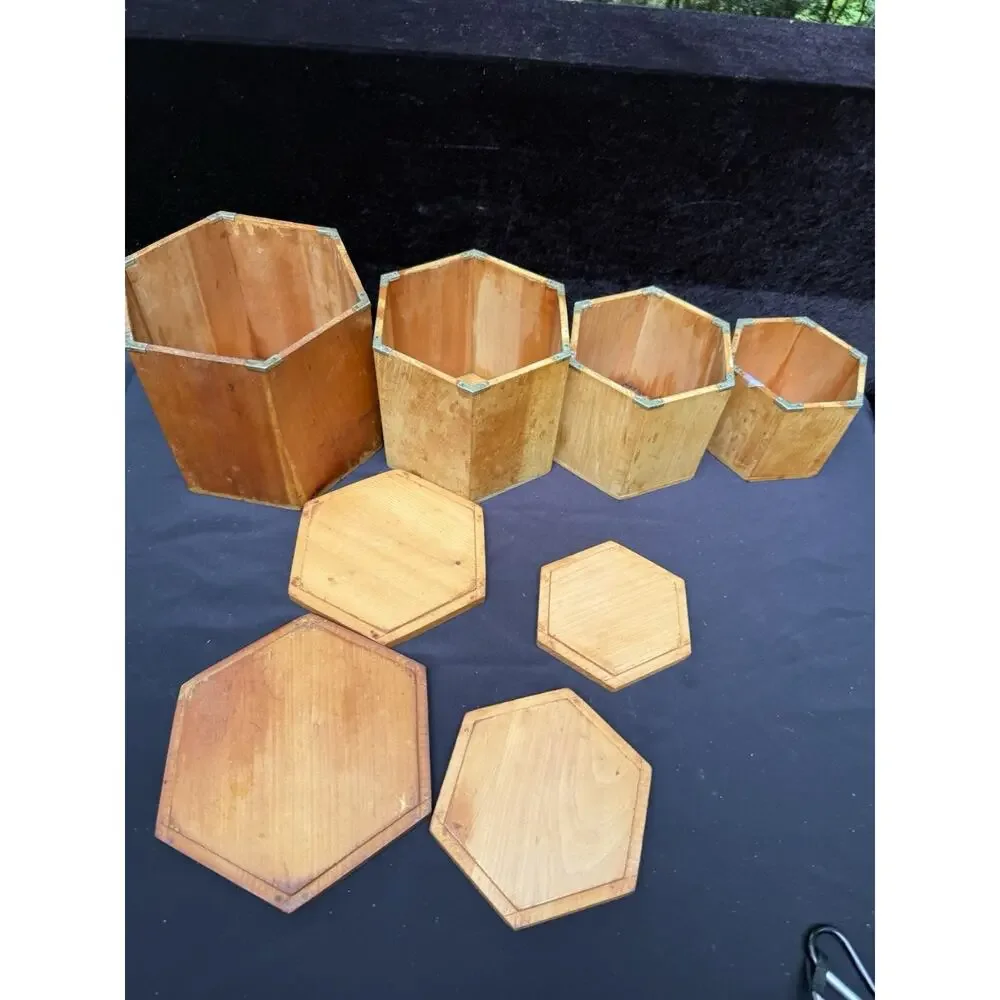 4 MCM 1960’s Japan Betson's Wood Rooster Hexagon 6-Sided Nesting Canisters